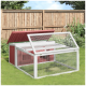 Ein geräumiger Außenbereich für Haustiere mit einem rot-weißen Design, mit einem klappbaren Dach und Drahtgitterseiten, im einem grasbewachsenen Garten.