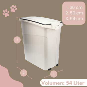 Weißer Kunststoff-Futterbehälter mit Deckel und Rollen; Aufdruck: „Volumen: 54 Liter“ und „1. 30 cm 2. 50 cm 3. 54 cm“.