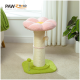 Ein bunter Katzenbaum, der wie eine pinke Blume gestaltet ist, mit einem plüschigen Oberteil, einem sisalumwickelten Pfosten und einer grünen Basis, mit einer baumelnden Kugel.