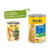 Zwei Dosen MultiFit Katzenfutter für Erwachsene, eine mit "ADULT mit Kaninchen & Ente" und einem neuen Design, beide zeigen eine orangefarbene Katze.