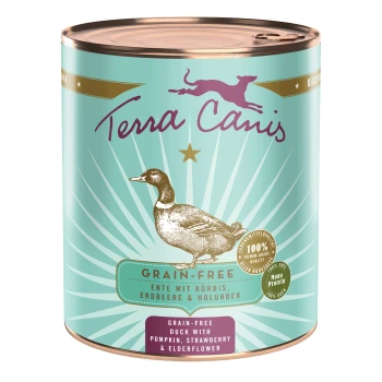 Nassfutter Hund Getreidefrei Adult Ente 6x800 g Dose Terra Canis getreidefreies Hundefutter mit einer Entenillustration, gekennzeichnet mit 'Ente mit Kürbis, Erdbeere & Holunderblüte.'