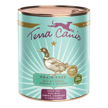 Dose Terra Canis getreidefreies Hundefutter mit einer Entenillustration, gekennzeichnet mit 'Ente mit Kürbis, Erdbeere & Holunderblüte.'