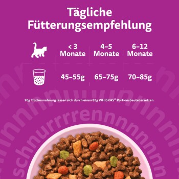 'Tägliche Fütterungsempfehlung' lila mit Kätzchen-Icon; Alter <3 / 4–5 / 6–12 Monate: 45–55 g, 65–75 g, 70–85 g. Schale mit Trockenfutter.