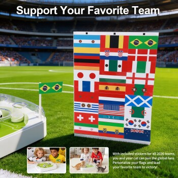 Tisch-Fußballspielzeug für Katzen mit kleiner Brasilienflagge und Aufklebertafel mit Weltflaggen im Stadion; Text „Support Your Favorite Team“