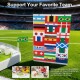 Tisch-Fußballspielzeug für Katzen mit kleiner Brasilienflagge und Aufklebertafel mit Weltflaggen im Stadion; Text „Support Your Favorite Team“