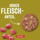 Runde Fleischpastete und rohe Rindfleischwürfel auf olivfarbenem Hintergrund mit Text 'HOHER FLEISCH-ANTEIL.' und dem Logo 'FLEISCHESLUST'.