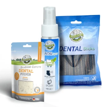 Zahnpflegeprodukte für Hunde, einschließlich Bellfor Dentalpulver, Dental Spray und Dentalsticks, die alle die Mundgesundheit fördern.