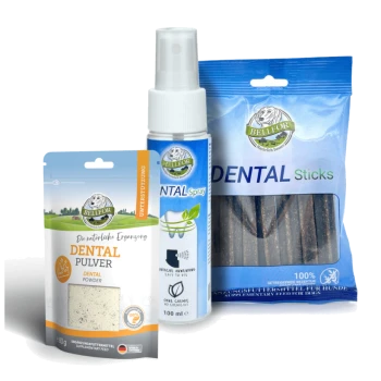 Zahnpflegeprodukte für Hunde, einschließlich Bellfor Dentalpulver, Dental Spray und Dentalsticks, die alle die Mundgesundheit fördern.