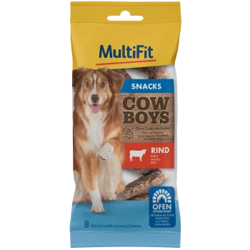Emballage de friandises pour chiens MultiFit Cow Boys mettant en vedette un chien, avec un texte indiquant "Sans sucres ajoutés" et "Boeuf." Contient 8 pièces.
