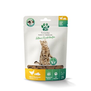 Fellicita Beutel mit sitzender Tigerkatze, Pfotenlogo und Text 'Fellonis Fleischstreifen', 'Huhn & Flussbarsch / Chicken & Perch' und 'Junior/Adult/Senior'