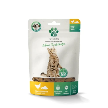 Fellicita Beutel mit sitzender Tigerkatze, Pfotenlogo und Text 'Fellonis Fleischstreifen', 'Huhn & Flussbarsch / Chicken & Perch' und 'Junior/Adult/Senior'