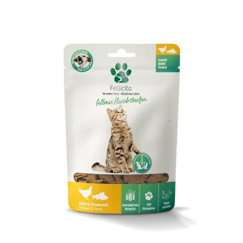 Fellicita Beutel mit sitzender Tigerkatze, Pfotenlogo und Text 'Fellonis Fleischstreifen', 'Huhn & Flussbarsch / Chicken & Perch' und 'Junior/Adult/Senior'