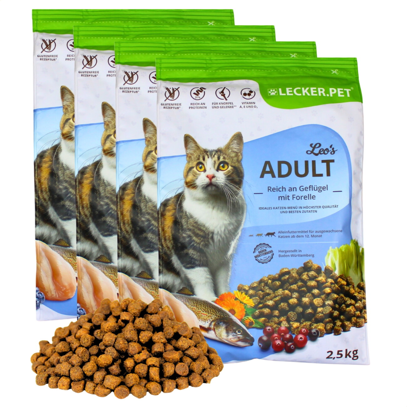 Lyra Pet Lecker.Pet Leo's Adult Geflügel & Forelle Katzenfutter Trockenfutter Vollnahrung 10 kg