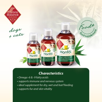 Hanföl-Nahrungsergänzungsmittel für Hunde und Katzen, mit drei Flaschen, deren Etiketten Omega-Fettsäuren, Immununterstützung und Hautvitalität hervorheben.