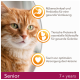 Nahaufnahme einer älteren orangefarbenen Katze mit grünen Augen, mit Text über gesunde Verdauung, Gelenkunterstützung und Herzgesundheit.