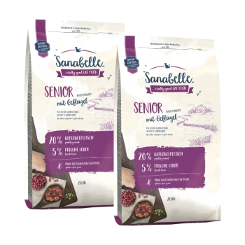 Zwei Säcke Sanabelle Senior Katzenfutter mit Geflügel, mit 20% Geflügelfleisch und 5% frischer Leber, jeweils 20 kg.