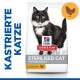 Sac de nourriture pour chat Hill's Science Plan avec un chat noir et blanc, étiqueté "Kastrierte Katze" et "Sterilised Mature Adult Chicken."