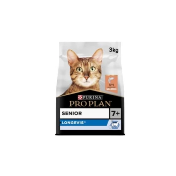 Purina Pro Plan Senior cat food, 3kg bag, featuring a tabby cat on the front, labeled "7+" and "LONGEVIS®," with "No.1 ingredient Salmon."