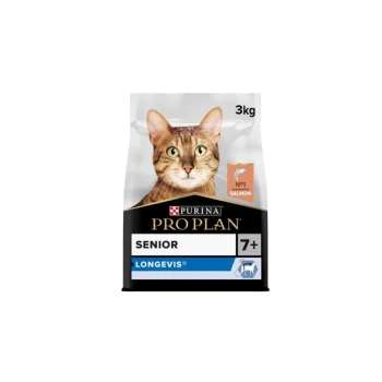 Purina Pro Plan Senior cat food, 3kg bag, featuring a tabby cat on the front, labeled "7+" and "LONGEVIS®," with "No.1 ingredient Salmon."