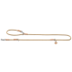 Eine beige Hundeleine mit Lederakzenten und einem Metallclip, die einen kleinen Anhänger mit einer Hundesilhouette zeigt.