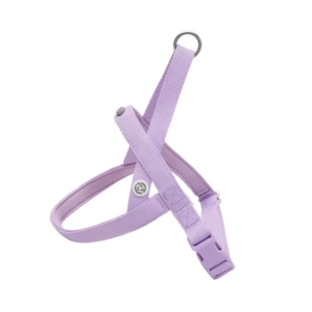 Helles lila Haustiergeschirr mit verstellbaren Riemen und einem Metall-D-Ring zur Leinenbefestigung.