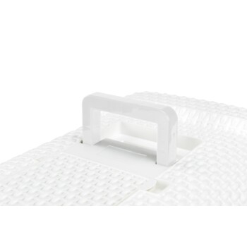 Weißer Haustierträger mit strukturierter Oberfläche und einem stabilen Griff oben, entworfen für den einfachen Transport von Haustieren.