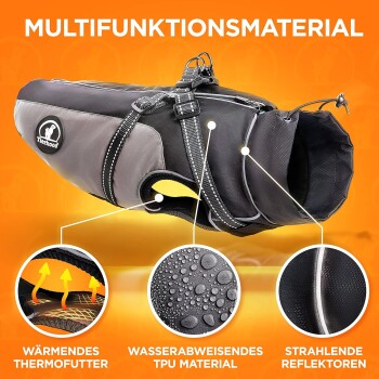 Schwarze und rote Hundejacke mit Geschirr, mit den Merkmalen "MULTIFUNKTIONSMATERIAL", "WÄRMENDES THERMOFUTTER" und "100% WASSERDICHTES TPU."