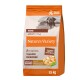 Sac orange et beige de nourriture Nature's Variety Mini Adult pour chiens, 1,5 kg, avec viande désossée et céréales saines, emballage recyclable.