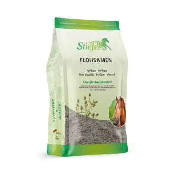 Ein 1-kg-Beutel Stiefel Flohsamen-Hülsen für Pferde, mit einem Pferdebild auf der Vorderseite, mit Text, der die Vorteile für den Verdauungstrakt hervorhebt.