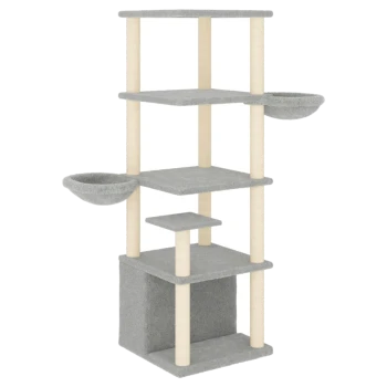 Grauer mehrstöckiger Katzenbaum mit zwei hängenden Schalen, mehreren Plattformen und einem würfelförmigen Sockel zum Klettern und Ausruhen.