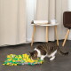 Getigert-weiße Katze schnuppert an einer grün-gelb-grauen Schnüffelmatte auf Fliesenboden neben einem kleinen Tisch.