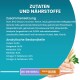Zutaten und Nährwertinformationen für Haustierfutter, mit Huhn (17%), mit Details zu Protein-, Fett- und Ballaststoffgehalt.