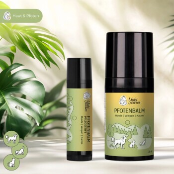 Yuki cares Nasenbutter 30 ml Haustiernasebalsam in einem schwarzen Glas mit einem rosa Etikett, das Zutaten und Produktnamen zeigt.