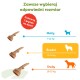 Poradnik rozmiarów gryzaków pokazujący zabawki do żucia i tekst 'Zalecany 1 gryzak na dzień'; mały 7–12 kg, średni 12–18 kg, duży 18–27 kg