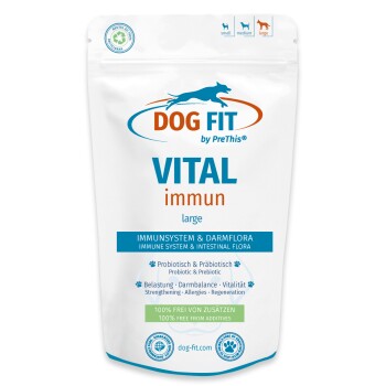 Weißer Beutel von DOG FIT VITAL immun (groß); Aufschrift: 'Immunsystem & Darmflora' und '100% ohne Zusatzstoffe'