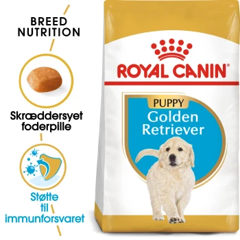 Royal Canin Welpenfutter für Golden Retriever in einer Tüte, die einen verspielten Golden Retriever Welpen zeigt, mit Text, der die Rassenernährung und die Unterstützung des Immunsystems hervorhebt.