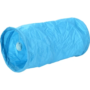 Blue collapsible pet tunnel with a hanging plush toy inside, designed for small pets or cats.