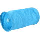Blue collapsible pet tunnel with a hanging plush toy inside, designed for small pets or cats.