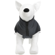 Ein weißes Hundemanikin trägt eine schwarze Jacke mit Reißverschluss, die die Haustierbekleidung zeigt, die in einem Online-Haustiergeschäft erhältlich ist.
