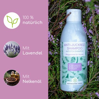 Flasche mit Anti-Juckreiz-Shampoo für Hunde, beschriftet mit "ANTI-JUCKREIZ SHAMPOO," mit Lavendel- und Nelkenöl, mit einem 100% natürlichen Anspruch.