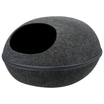 Ein runder, dunkelgrauer Haustierbett mit einem Reißverschluss, das ein gemütliches, höhlenartiges Design für Haustiere bietet, um sich zu verstecken und auszuruhen.