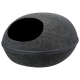 Ein runder, dunkelgrauer Haustierbett mit einem Reißverschluss, das ein gemütliches, höhlenartiges Design für Haustiere bietet, um sich zu verstecken und auszuruhen.