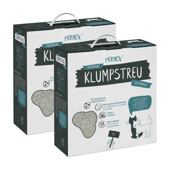 Deux boîtes de litière pour chats Primox Premium Klumpstreu, présentant de la litière grise agglomérante et un texte sur le contrôle des odeurs pour les foyers avec plusieurs chats.