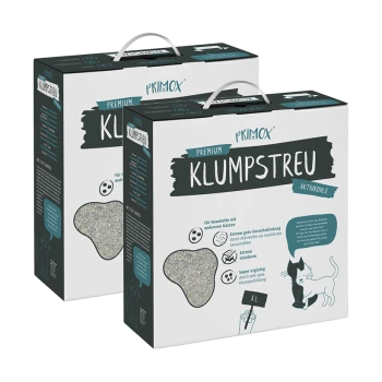 Zwei Boxen Primox Premium Klumpstreu Katzenstreu, die graues Klumpstreu und Text zur Geruchskontrolle für Mehrkatzenhaushalte zeigen.