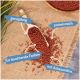 Rote Fischfutterpellets in einer Holzschaufel auf Jute, beschriftet mit "ganzjährig", "proteinreich", "für leuchtende Farben" und "mit Astaxanthin."