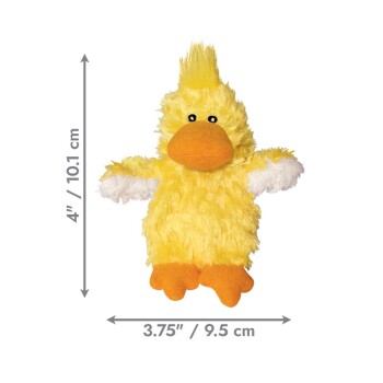 Yellow plush duck pet toy with orange beak and feet, white-tipped wings; measurements shown 4" / 10.1 cm and 3.75" / 9.5 cm