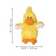 Yellow plush duck pet toy with orange beak and feet, white-tipped wings; measurements shown 4" / 10.1 cm and 3.75" / 9.5 cm