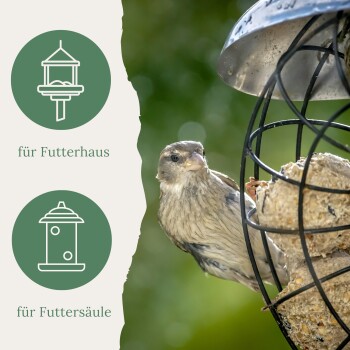 Brauner Vogel auf schwarzem Fettkäfig-Futterspender mit Fettbällchen; linkes Panel zeigt Symbole und Text: 'für Futterhaus', 'für Futtersäule'.