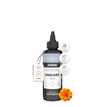 Flasche ALPHAZOO Force Ohrmilben-Öl, ein Ohrpflegeprodukt für Hunde und Katzen, mit Inhaltsstoffen wie Aloe Vera und Ringelblume.