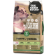 Un sac de nourriture pour chiots "The Good Stuff" avec une image de chien, indiquant 70% de poulet, 30% de légumes et 16% de matières grasses. Texte : "NOURRIR AVEC UNE BONNE CONSCIENCE."
